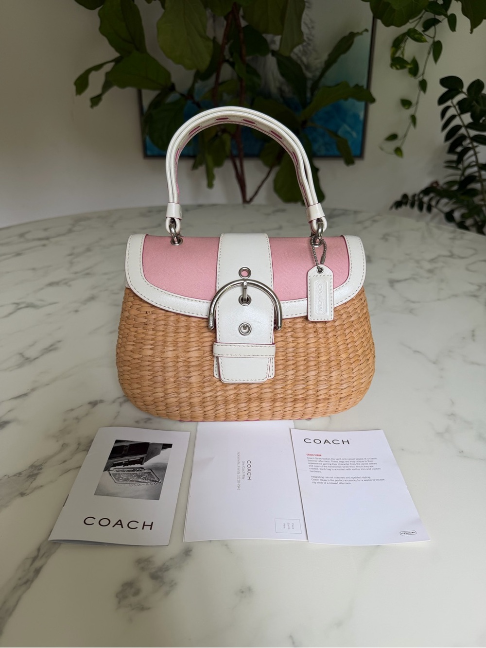 Coach Vintage Y2K Soho Straw Top Handle Basket Satchel Bag 6272 Pink White - Picture 2 of 16